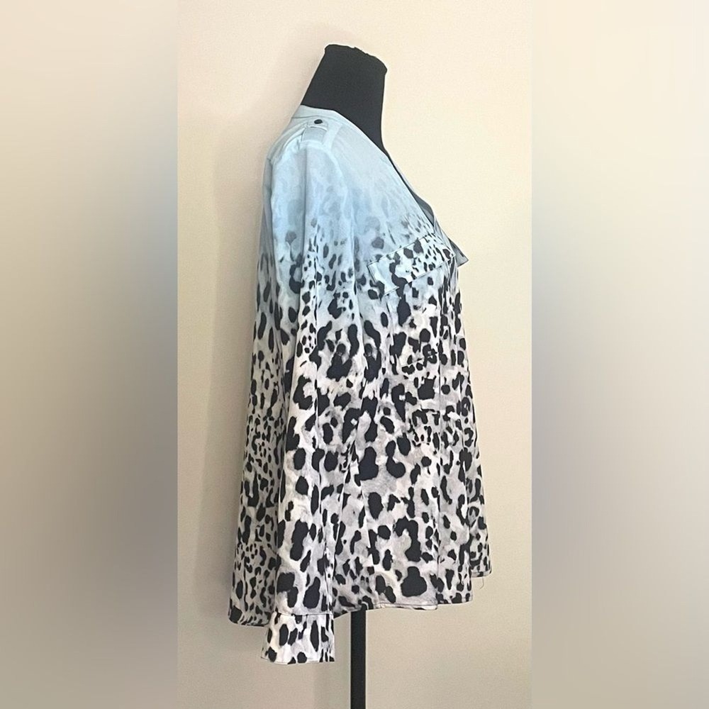 Calvin Klein Womens Blue Ombre Leopard Print Long Sleeve Button Blouse Top L - Picture 3 of 8